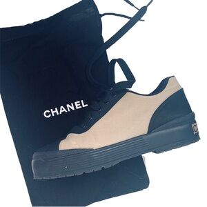 Chanel Beige And Black Nylon Platform Sneakers Size 7 Authentic